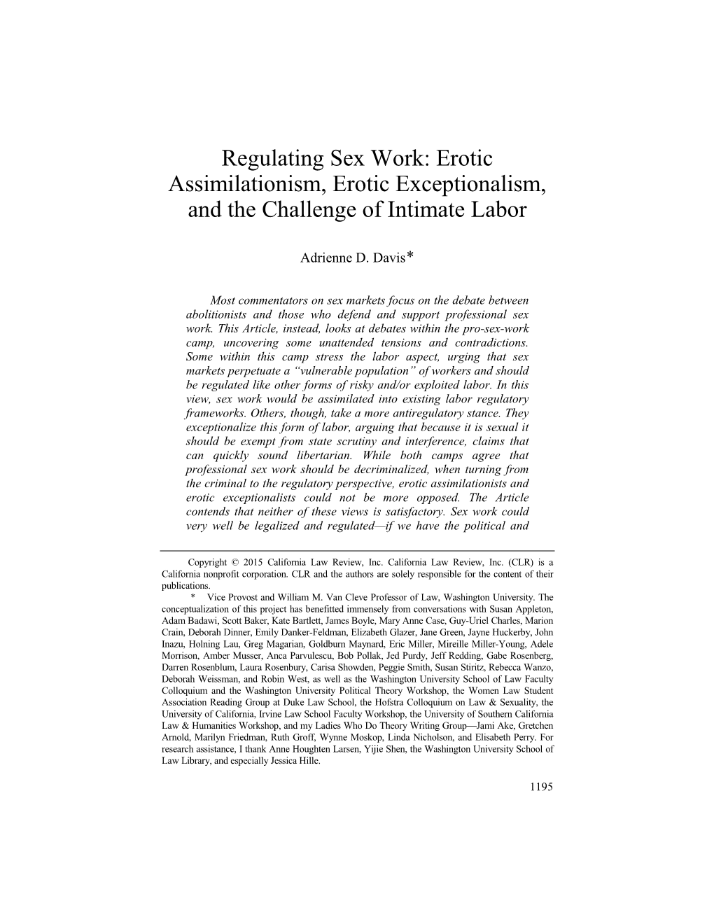 Regulating Sex Work: Erotic Assimilationism, Erotic Exceptionalism, and the Challenge of Intimate Labor