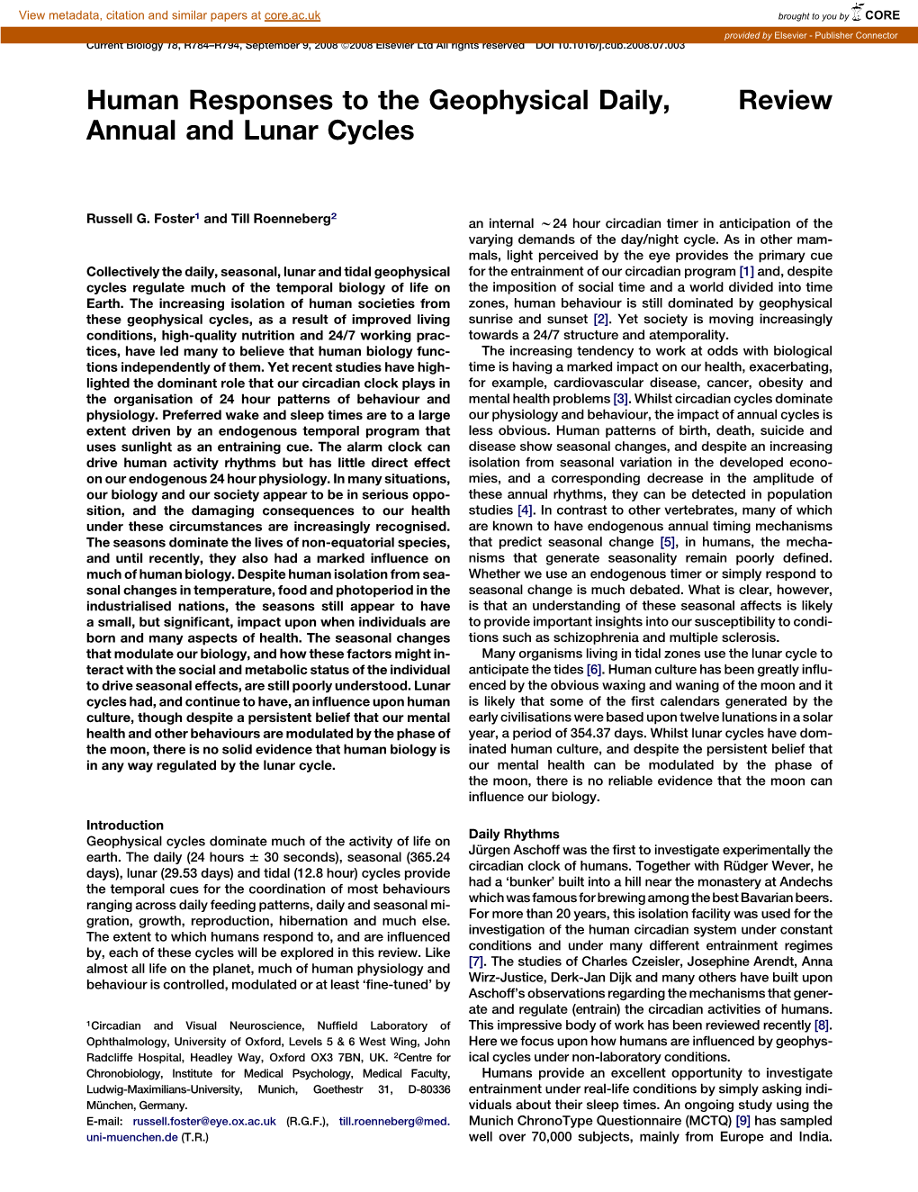 Human Responses to the Geophysical Daily, Annual and Lunar Cycles