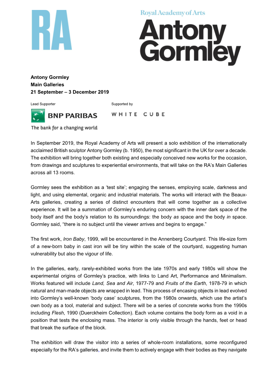 Antony Gormley Main Galleries 21 September – 3 December 2019