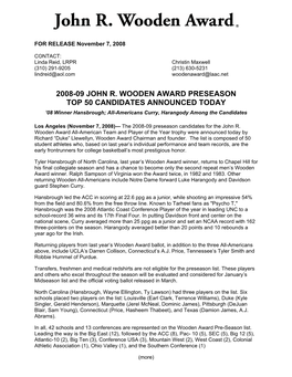 2008-09 John R. Wooden Award Preseason Top 50 Candidates Announced Today