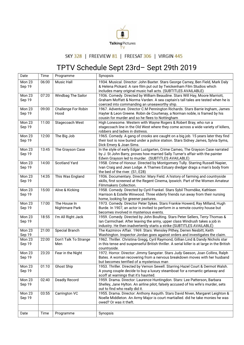 TPTV Schedule Sept 23Rd– Sept 29Th 2019 Date Time Programme Synopsis Mon 23 06:00 Music Hall 1934