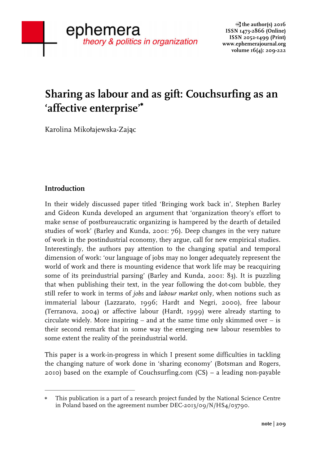 Sharing As Labour and As Gift: Couchsurfing As an 'Affective Enterprise'