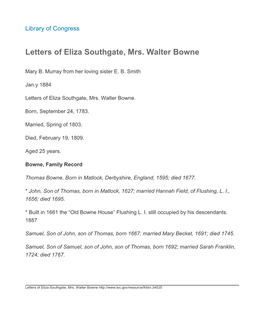 Letters of Eliza Southgate, Mrs. Walter Bowne