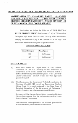 High Court for the State of Telangana at Hyderabad Notification No. 1/2020