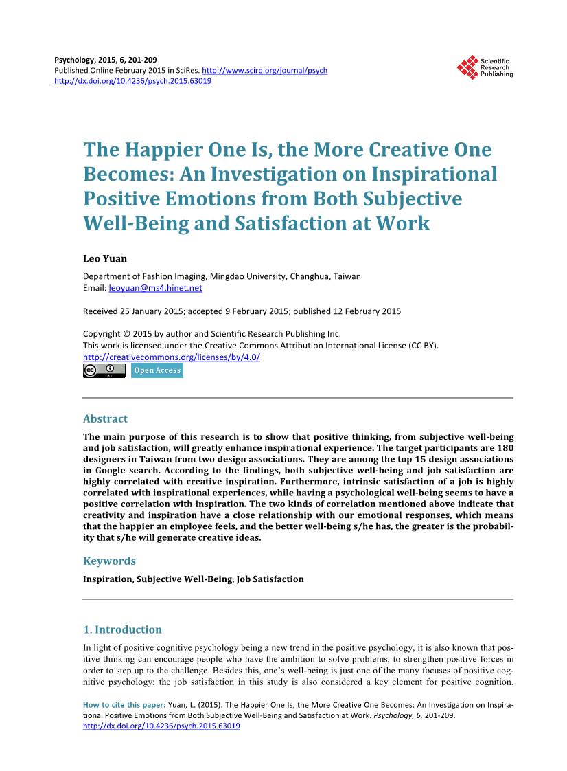 The Happier One Is, the More Creative One Becomes: an Investigation on Inspirational Positive Emotions from Both Subjective Well-Being and Satisfaction at Work