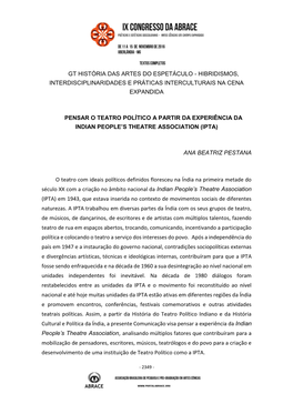 Gt História Das Artes Do Espetáculo - Hibridismos, Interdisciplinaridades E Práticas Interculturais Na Cena Expandida