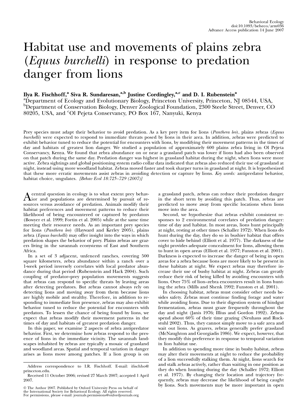 Habitat Use and Movements of Plains Zebra (Equus Burchelli) in Response to Predation Danger from Lions