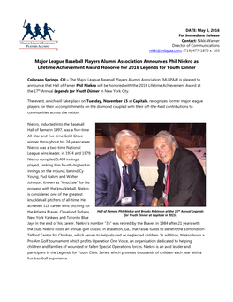 Major League Baseball Players Alumni Association Announces Phil Niekro As Lifetime Achievement Award Honoree for 2016 Legends for Youth Dinner