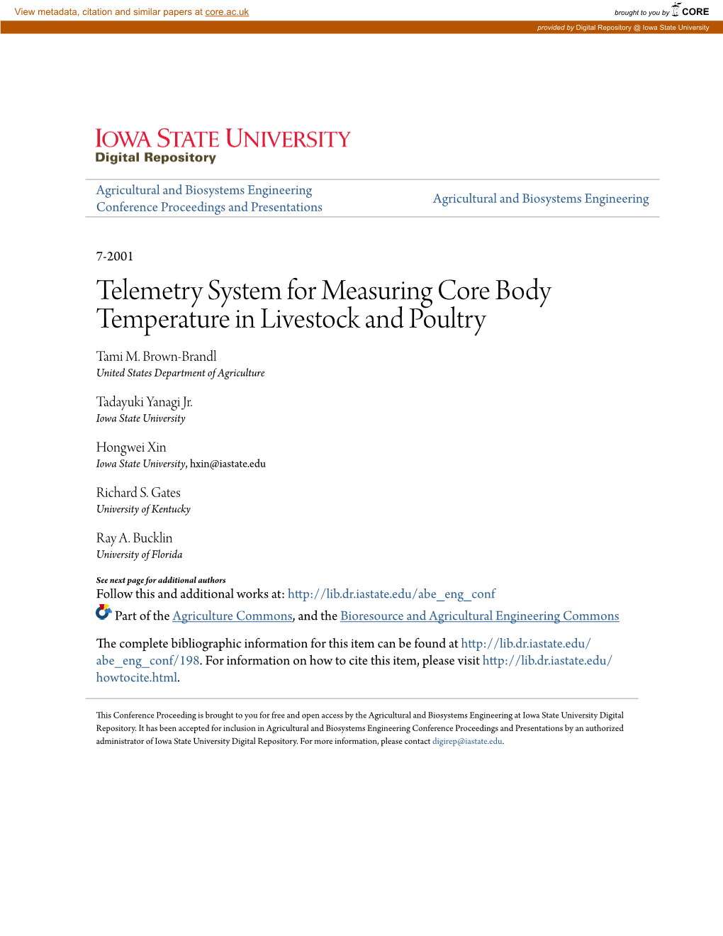 Telemetry System for Measuring Core Body Temperature in Livestock and Poultry Tami M