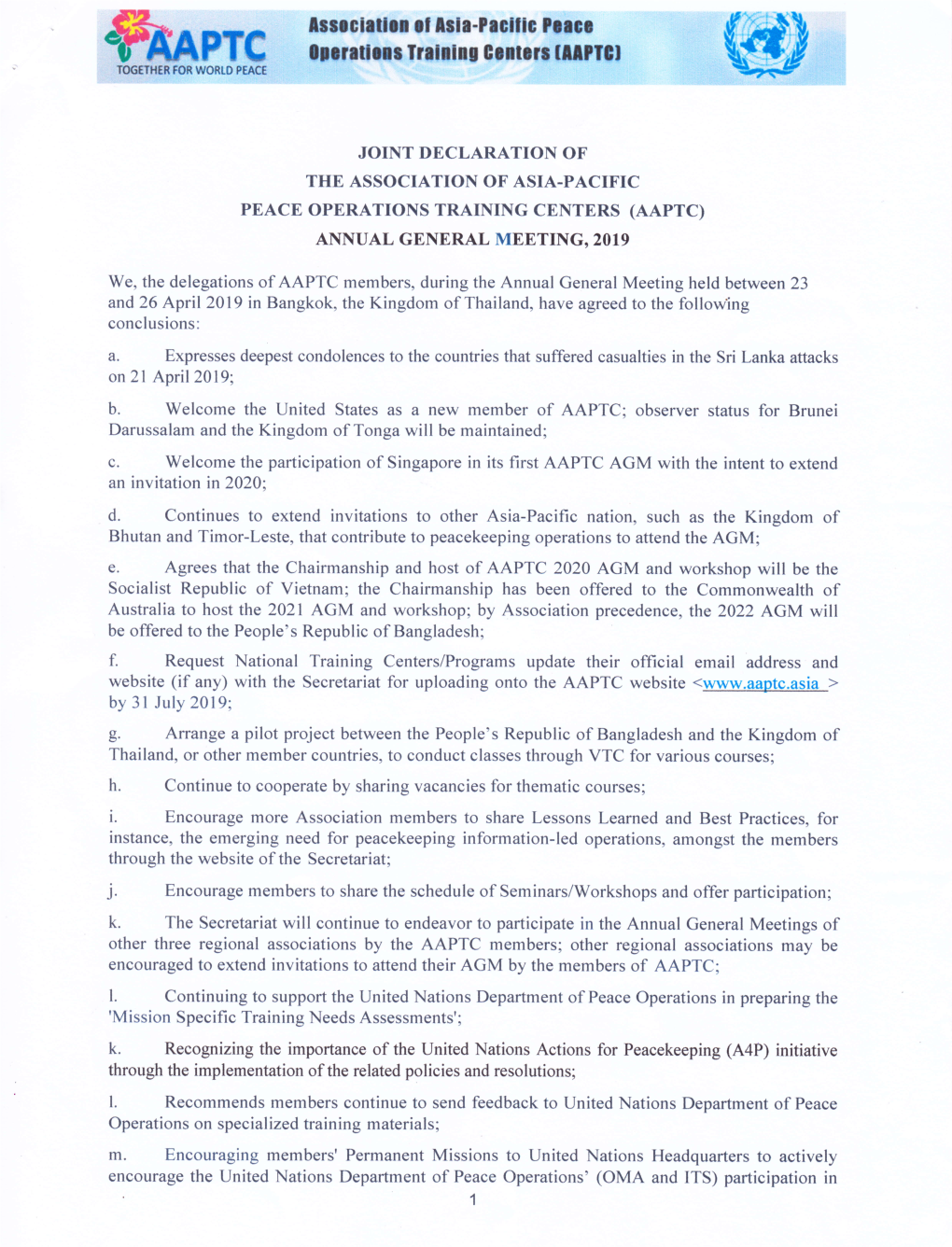 Joint Declaration of the Association of Asia.Pacific Peace Operattons Training Centers (Aaptc) Annual General Meeting, 2Oi9