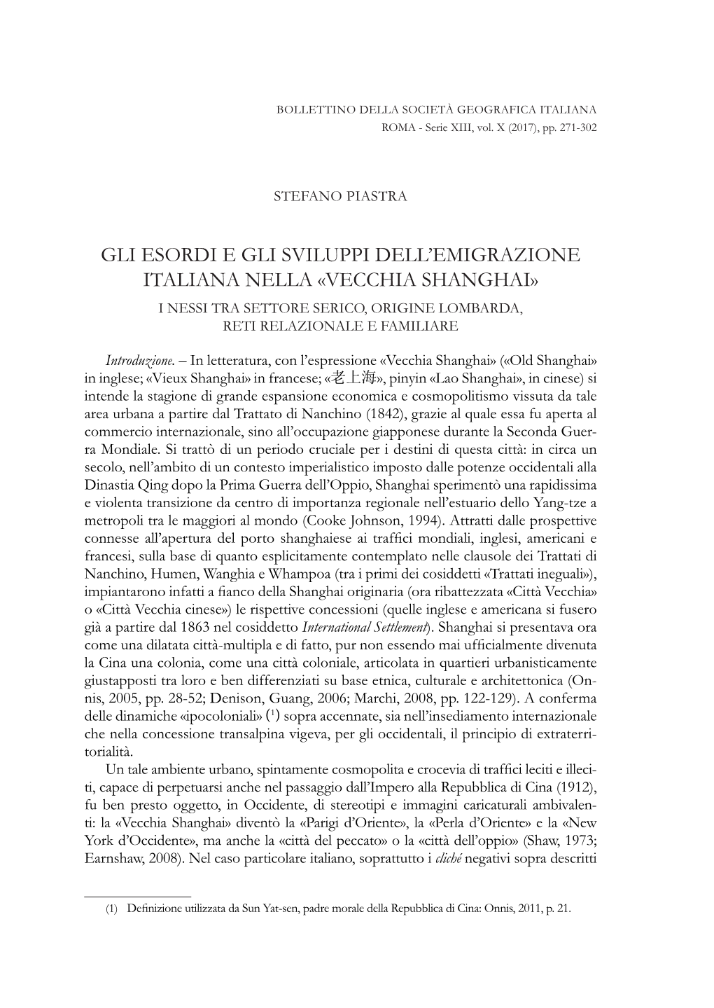 Gli Esordi E Gli Sviluppi Dell’Emigrazione Italiana Nella «Vecchia Shanghai» I Nessi Tra Settore Serico, Origine Lombarda, Reti Relazionale E Familiare