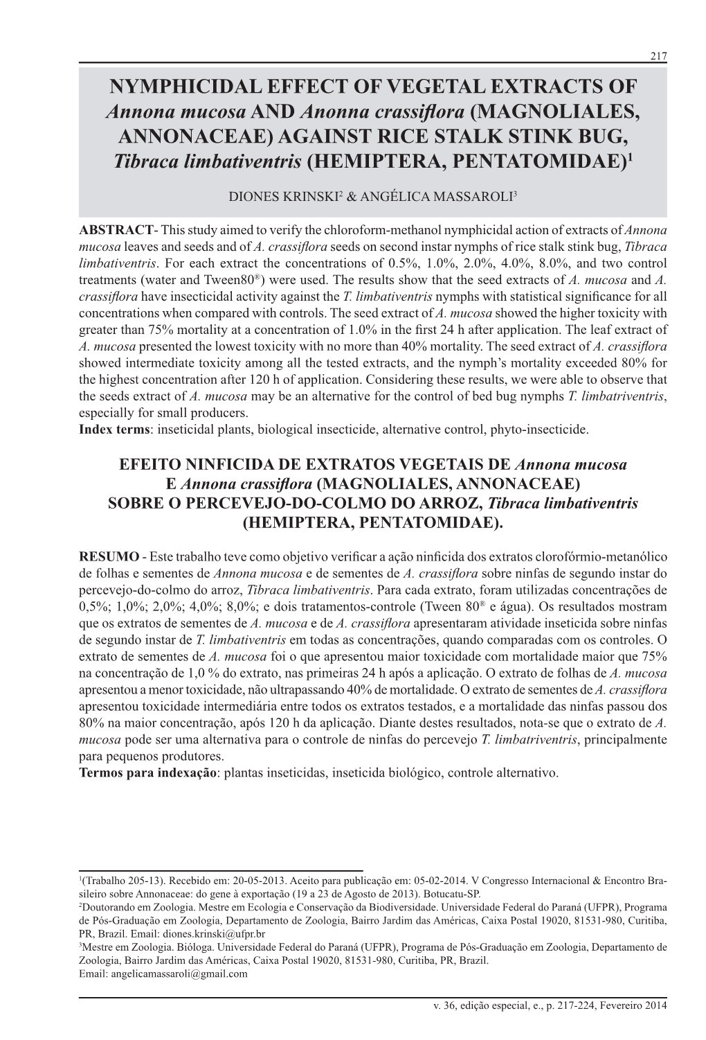 NYMPHICIDAL EFFECT of VEGETAL EXTRACTS of Annona Mucosa