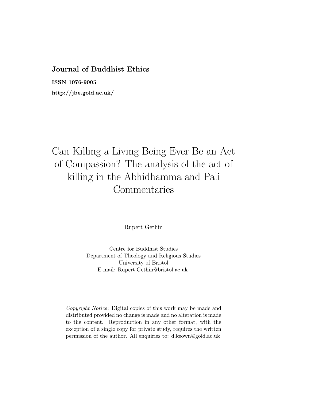 Can Killing a Living Being Ever Be an Act of Compassion? the Analysis of the Act of Killing in the Abhidhamma and Pali Commentaries