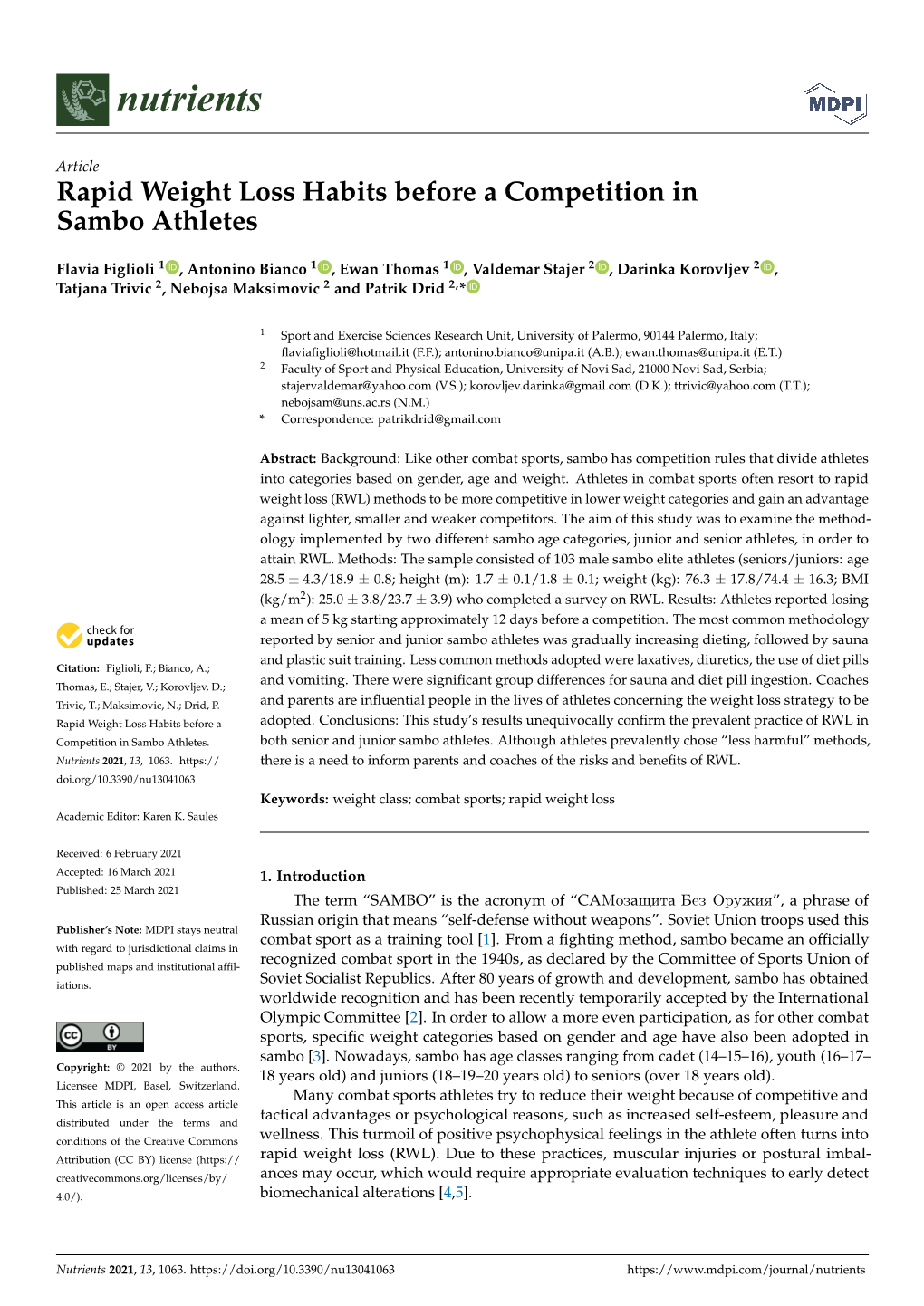 Rapid Weight Loss Habits Before a Competition in Sambo Athletes