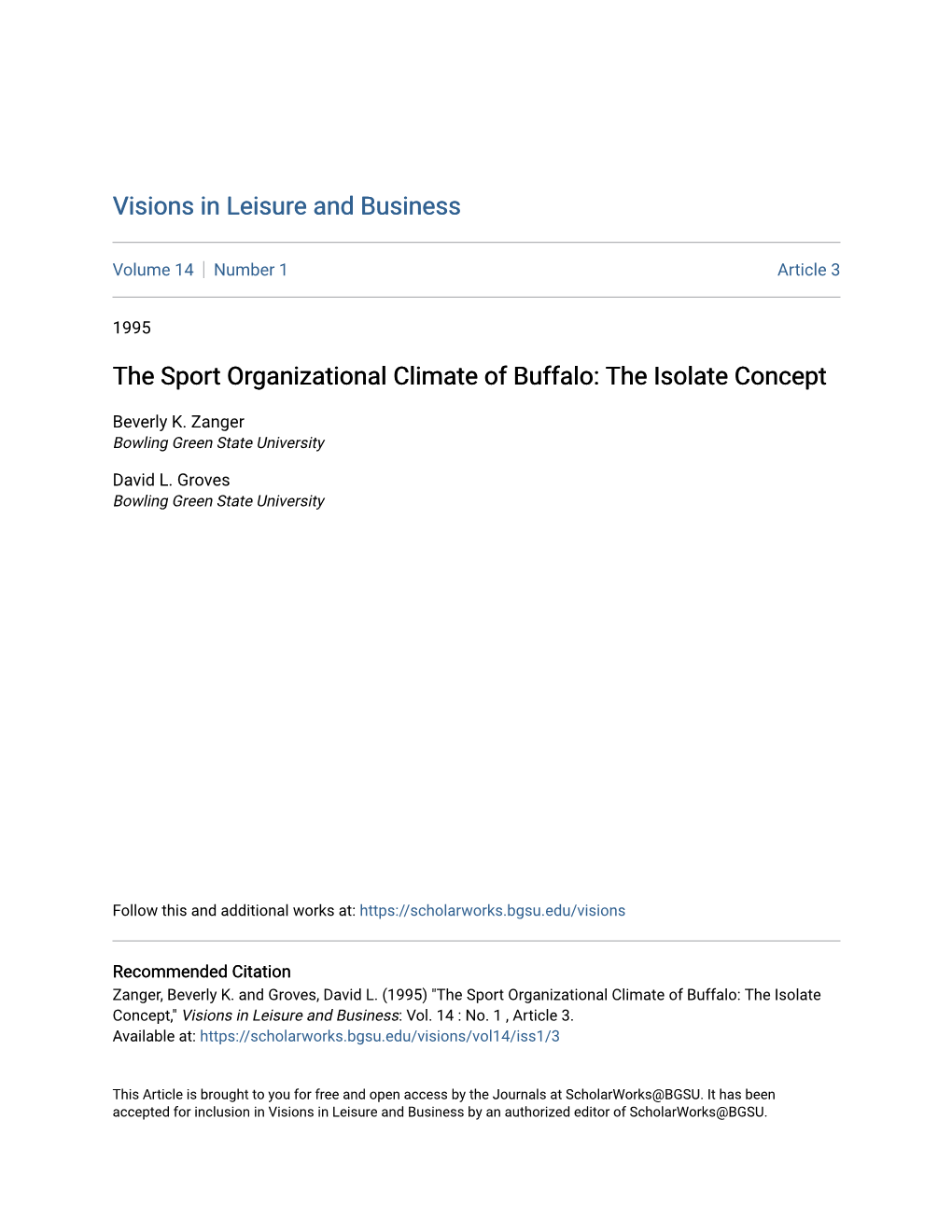 The Sport Organizational Climate of Buffalo: the Isolate Concept