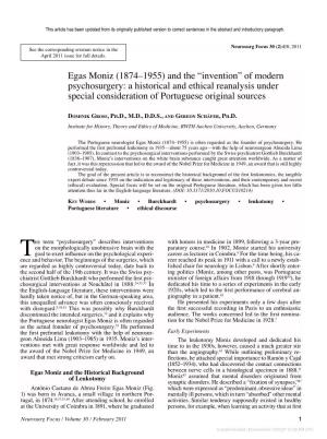 Egas Moniz (1874–1955) and the “Invention” of Modern Psychosurgery: a Historical and Ethical Reanalysis Under Special Consideration of Portuguese Original Sources