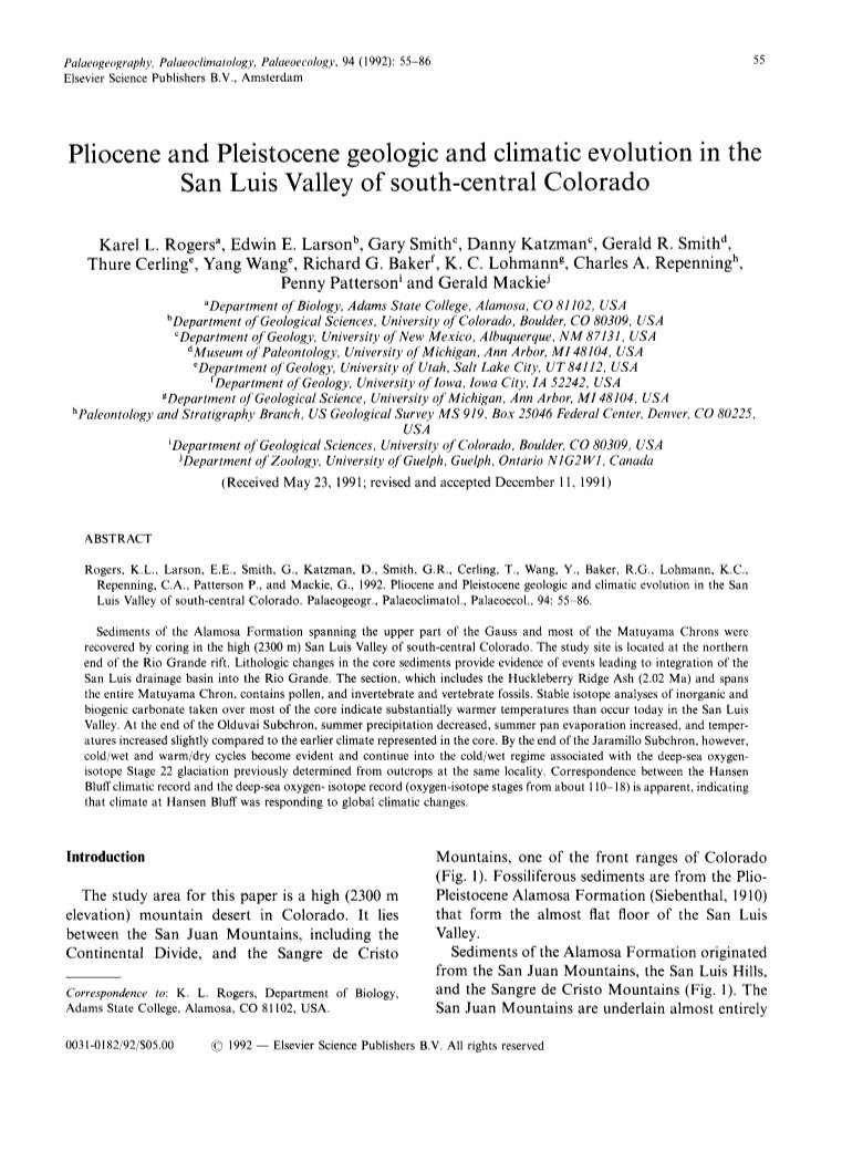 Pliocene and Pleistocene Geologic and Climatic Evolution in the San Luis Valley of South-Central Colorado