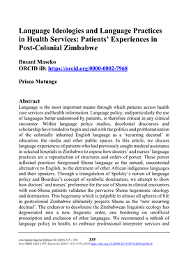 Language Ideologies and Language Practices in Health Services: Patients' Experiences in Post-Colonial Zimbabwe