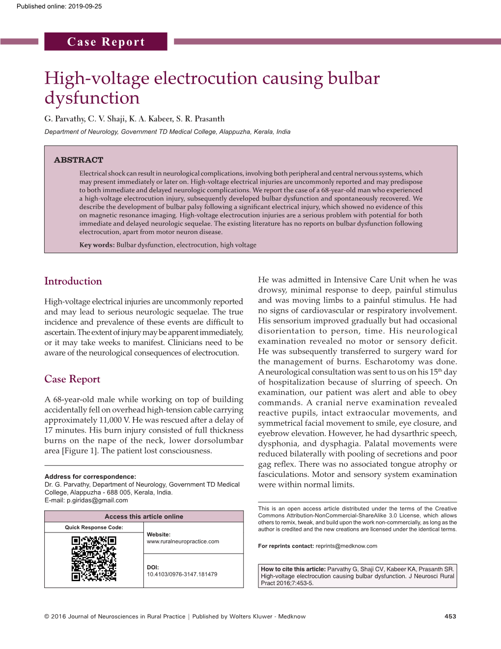 High-Voltage Electrocution Causing Bulbar Dysfunction