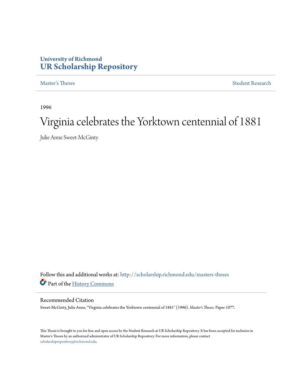 Virginia Celebrates the Yorktown Centennial of 1881 Julie Anne Sweet-Mcginty