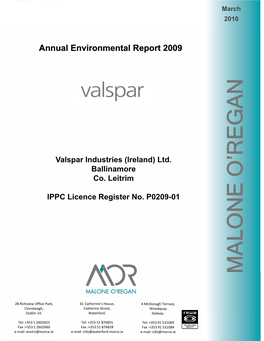 Annual Environmental Report 2009 an G E R R Valspar Industries (Ireland) Ltd