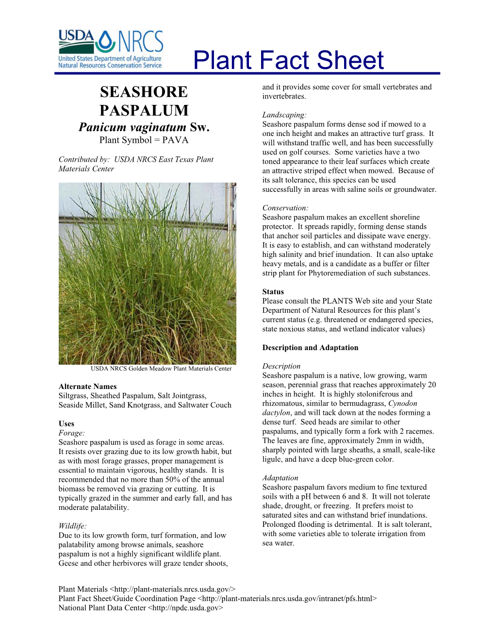 Seashore Paspalum Plant Fact Sheet