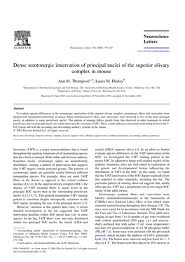 Dense Serotonergic Innervation of Principal Nuclei of the Superior Olivary Complex in Mouse