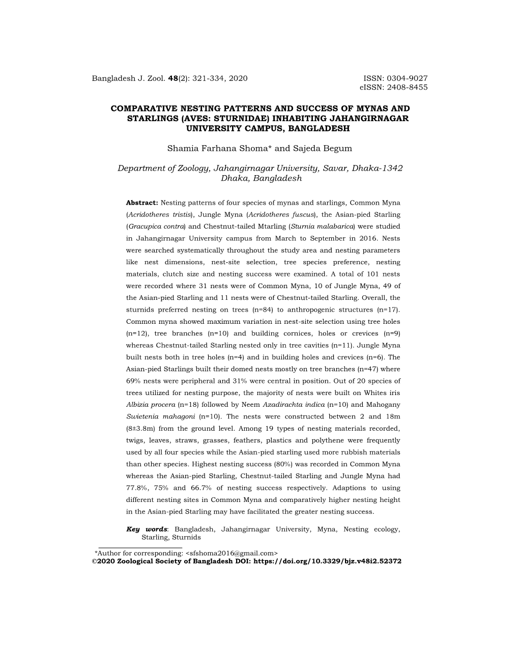 Comparative Nesting Patterns and Success of Mynas and Starlings (Aves: Sturnidae) Inhabiting Jahangirnagar University Campus, Bangladesh