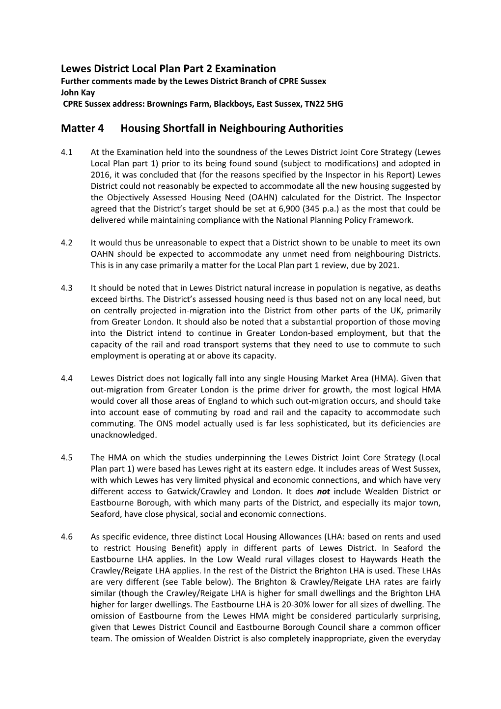 Lewes District Local Plan Part 2 Examination Matter 4 Housing