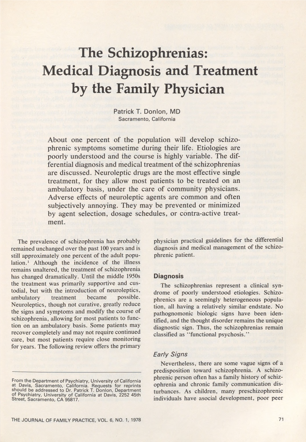 The Schizophrenias: Medical Diagnosis and Treatment by the Family Physician