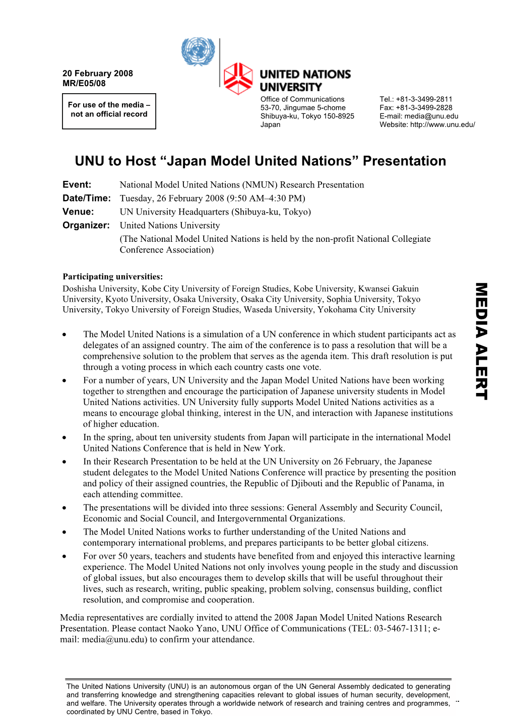 UNU to Host "Japan Model United Nations