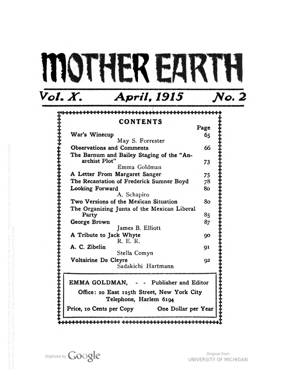 Mother Earth. * * * a LETTER from MARGARET SANGER