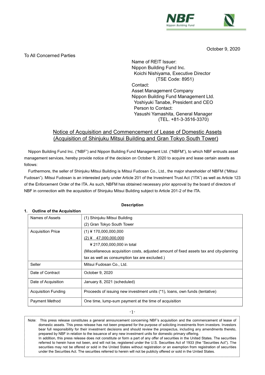 Notice of Acquisition and Lease of Domestic Assets(Acquisition Of