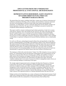 Open Letter from the Undersigned Professional & Avocational Archaeologists Representatives Rob Bishop, Jason Chaffetz Sena