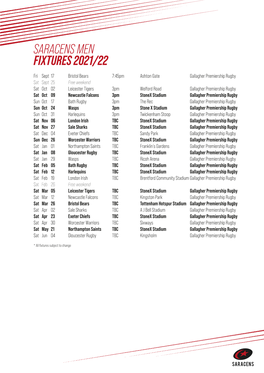 202122 Gallagher Premiership Fixtures