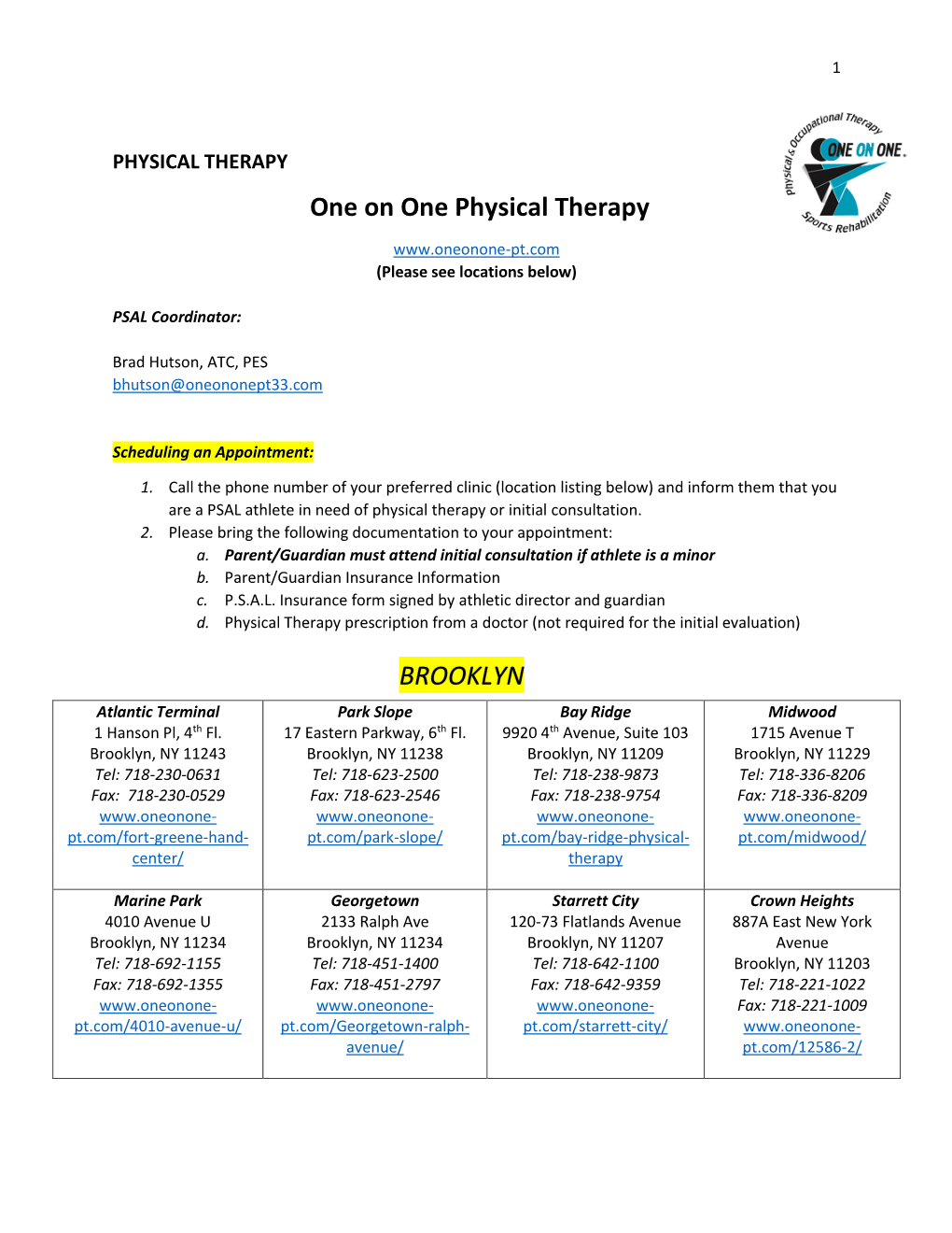 One on One Physical Therapy BROOKLYN