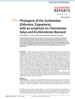 Phylogeny of the Synlestidae (Odonata: Zygoptera), with an Emphasis on Chlorolestes Selys and Ecchlorolestes Barnard John P