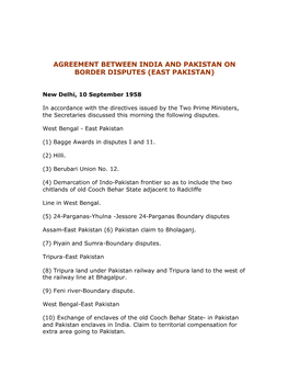 Agreement Between India and Pakistan on Border Disputes (East Pakistan)