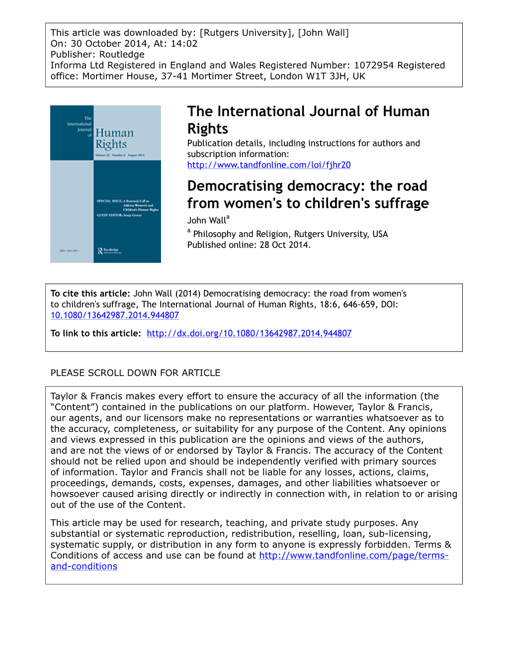 The Road from Women's to Children's Suffrage John Walla a Philosophy and Religion, Rutgers University, USA Published Online: 28 Oct 2014