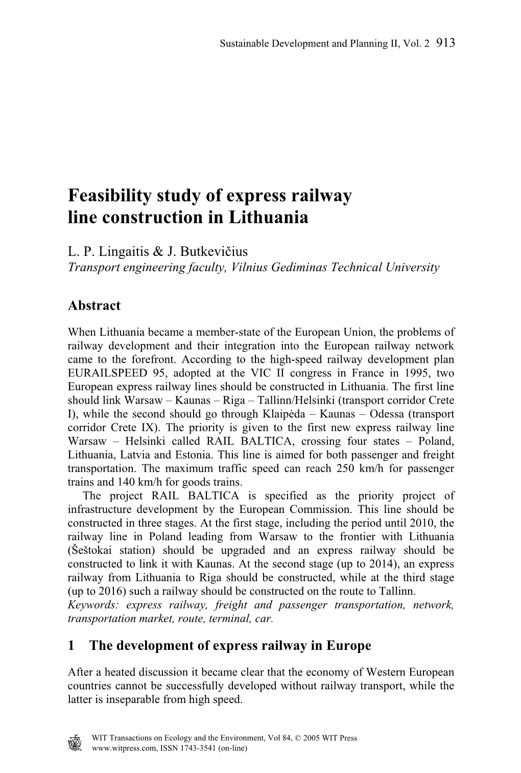 Feasibility Study of Express Railway Line Construction in Lithuania
