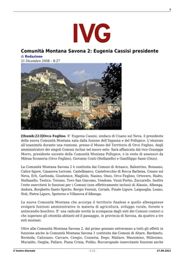 Comunità Montana Savona 2: Eugenia Cassisi Presidente Di Redazione 31 Dicembre 2008 – 8:27