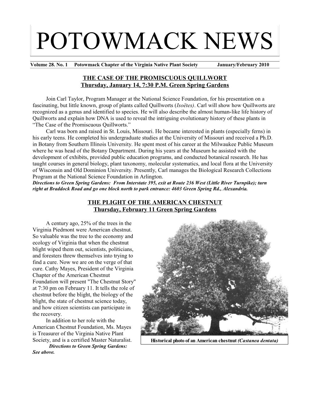 Volume 28. No. 1 Potowmack Chapter of the Virginia Native Plant Society January/February 2010