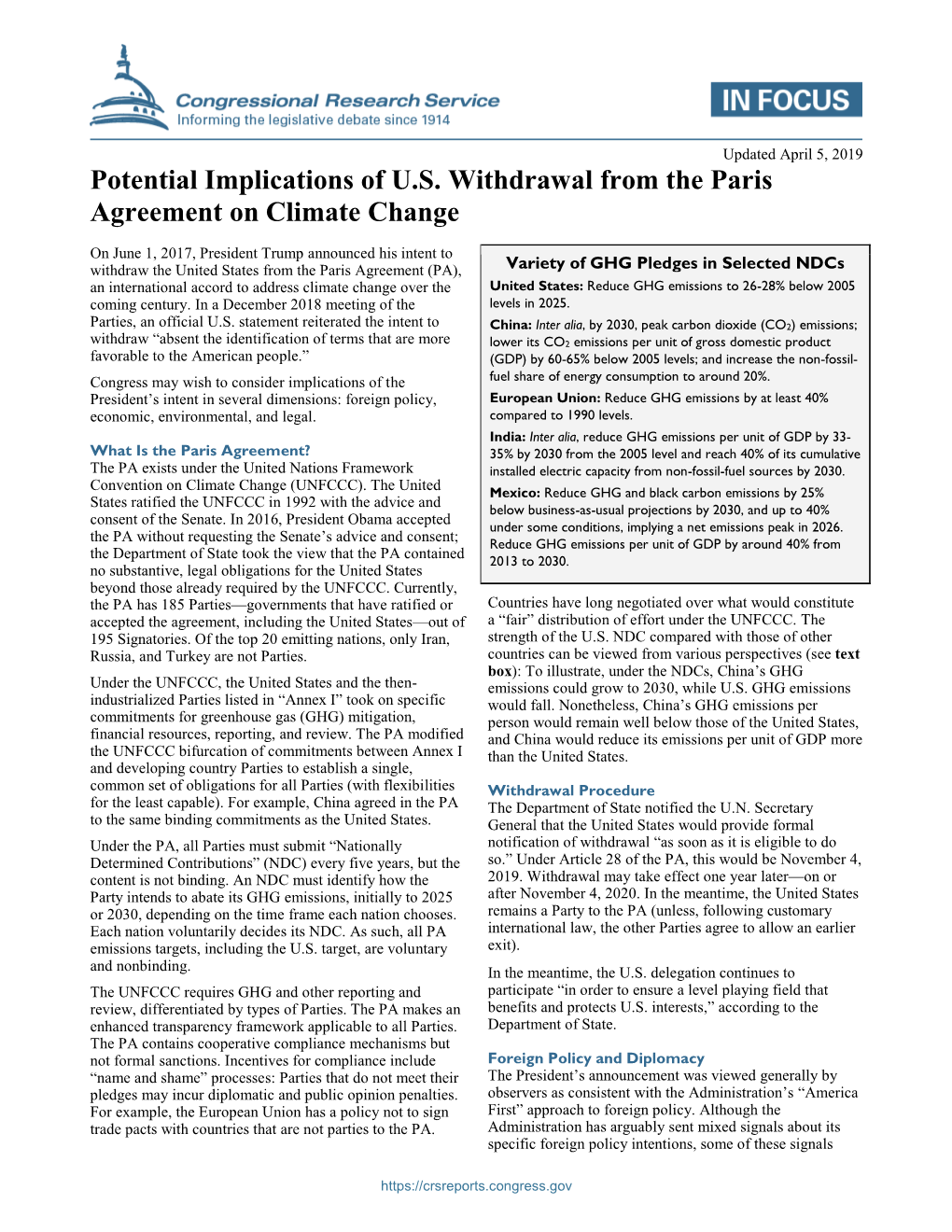 Potential Implications of U.S. Withdrawal from the Paris Agreement on Climate Change