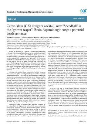 Calvin Klein (CK) Designer Cocktail, New “Speedball” Is the “Grimm Reaper”: Brain Dopaminergic Surge a Potential Death S