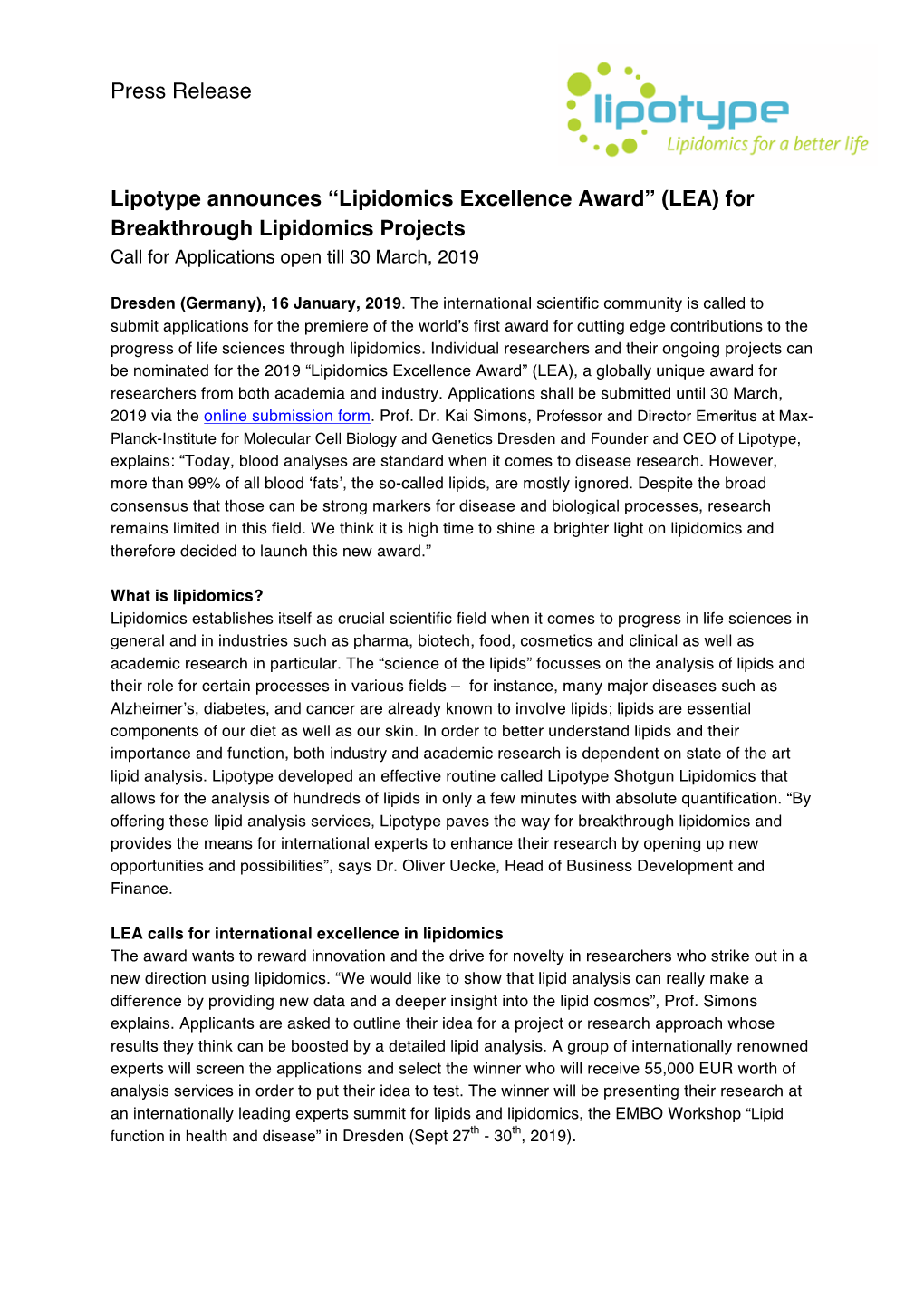 Press Release Lipotype Announces “Lipidomics Excellence Award