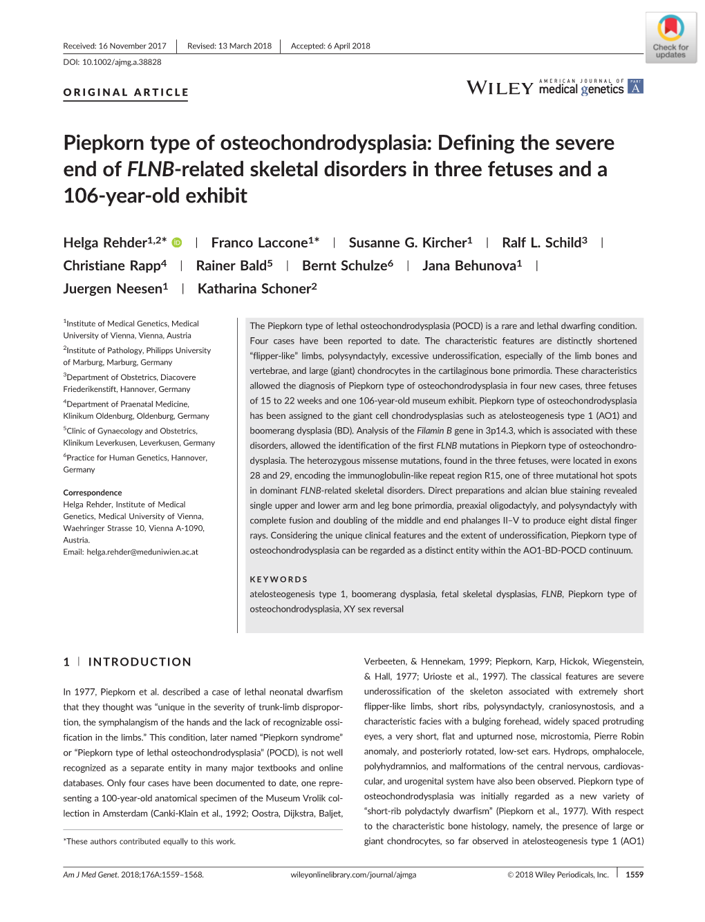 Piepkorn Type of Osteochondrodysplasia: Defining the Severe End of FLNB-Related Skeletal Disorders in Three Fetuses and a 106-Year-Old Exhibit