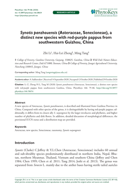 Synotis Panzhouensis (Asteraceae, Senecioneae), a Distinct New Species with Red-Purple Pappus from Southwestern Guizhou, China