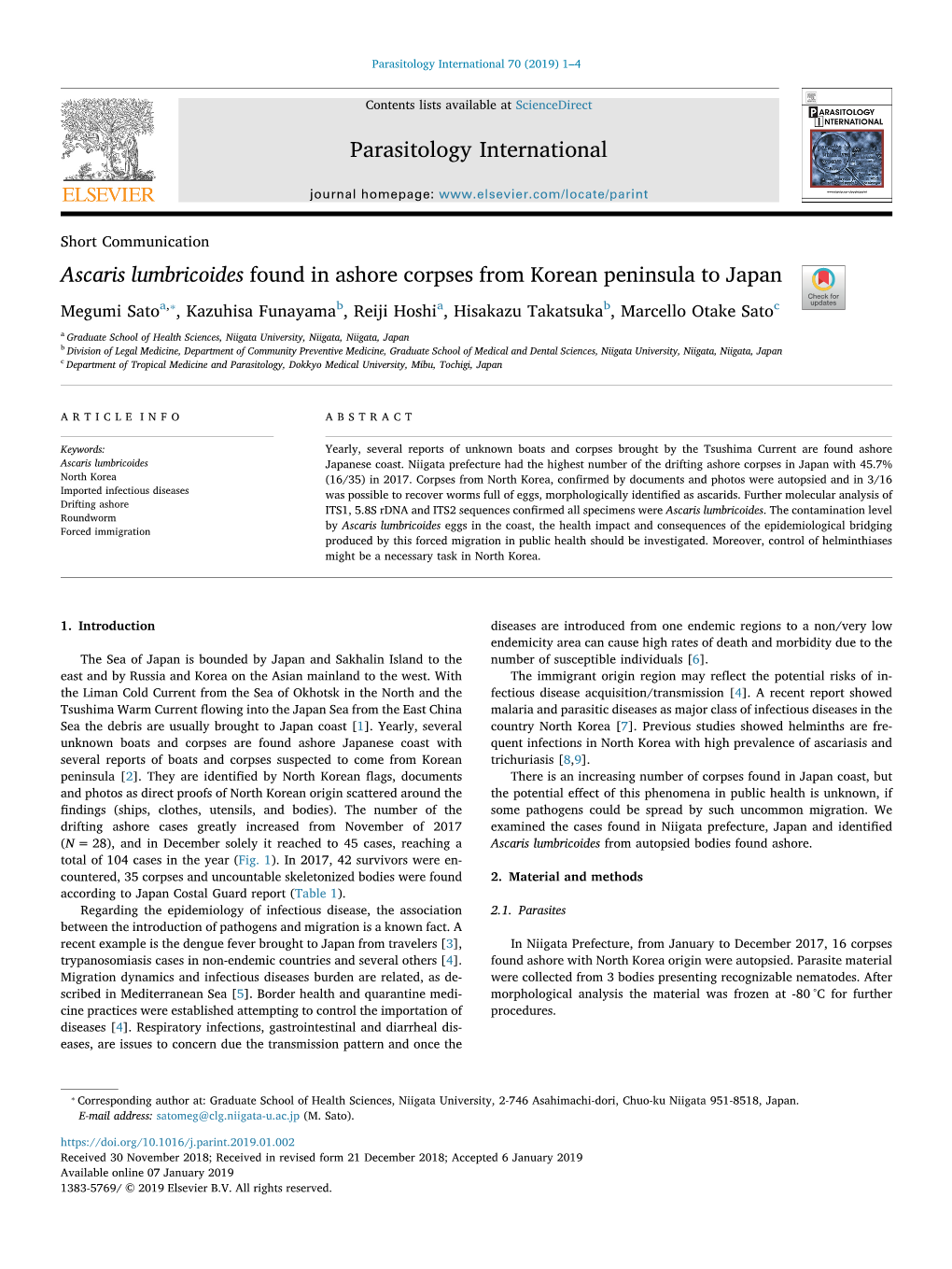 Ascaris Lumbricoides Found in Ashore Corpses from Korean Peninsula To