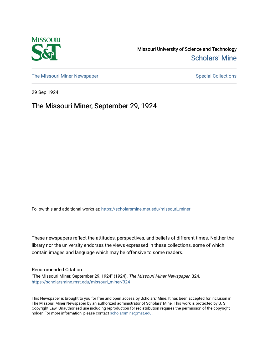 THE MISSOURJ MINER.. ==~.~======' E=I===*~__ =~~~=:======~4= Missouri School of Mines and Me.Tallurgy, Rolla, Missouri