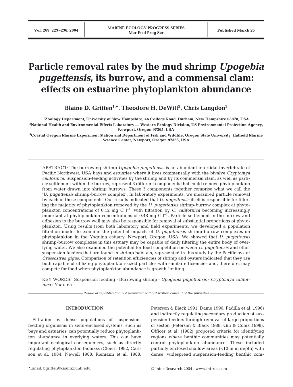 Particle Removal Rates by the Mud Shrimp Upogebia Pugettensis, Its Burrow, and a Commensal Clam: Effects on Estuarine Phytoplankton Abundance